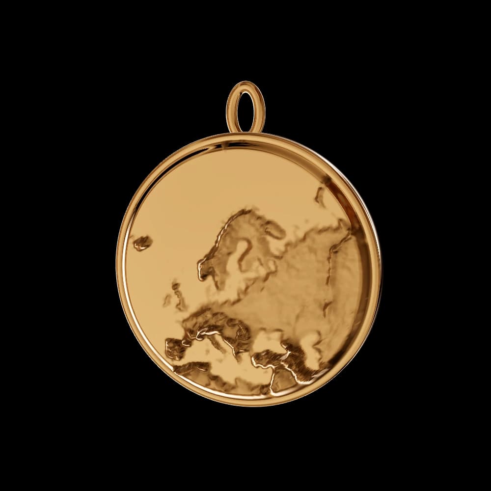 A yellow gold pendant with Europe's coastlines and terrain sculpted into its surface